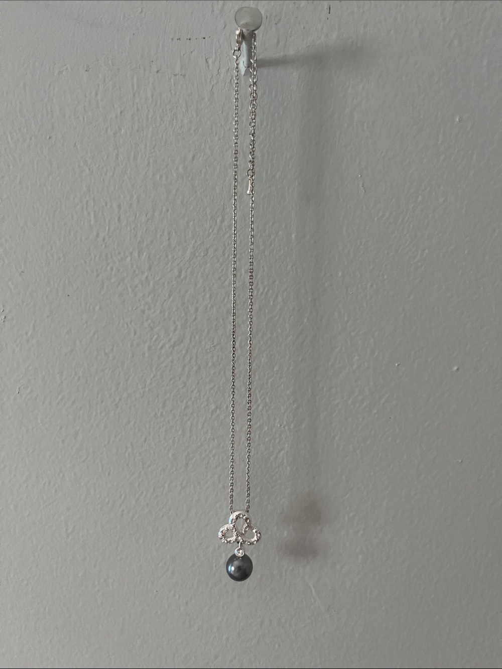 Silver Tone Clover Necklace with Black Pearl Drop